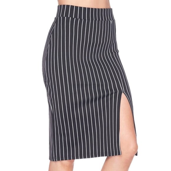 NWT Pinstripe Stretchy Bodycon Pencil Midi High Waist Skirt With Side Split - Picture 2 of 11